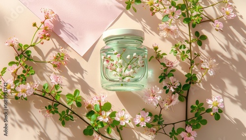 Pastel-toned jar of floral essence surrounded by delicate blossoms