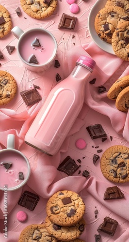 Pink chocolate chip cookie and milk scene