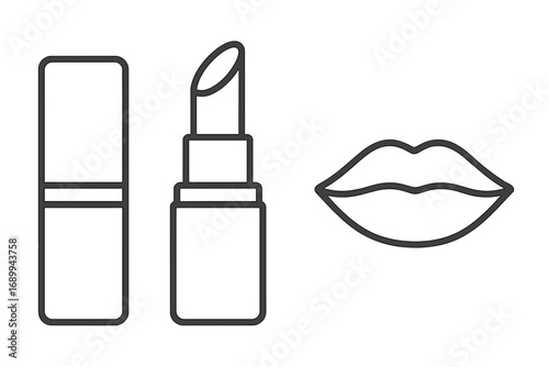 Lipstick line icon set with lips symbol. Makeup cosmetics beauty concept. Pomade and glamour. Open and closed tube. Woman fashion accessory. Vector outline illustration for web, app, card.