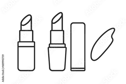 Lipstick icon set outline vector. Makeup cosmetics symbol. Linear beauty product graphic. Open tube, cap, smear swatch. Glamour fashion illustration for web, app design.