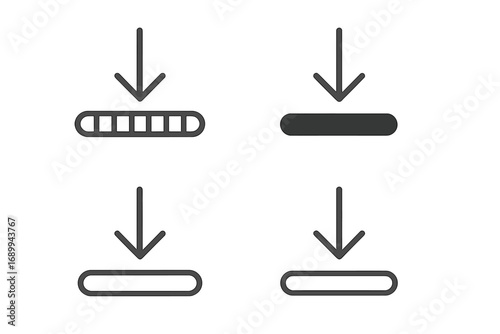 Download icon set. Progress bar with down arrow. Data loading, saving, installing, uploading concepts. Vector line symbols for web, mobile app, UI, UX interface design elements.