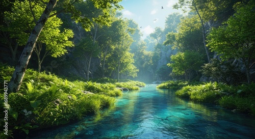 Serene Forest River with Lush Greenery and Sunlight