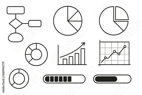 Business analytics outline icon set, pie charts, progress bars, donut diagrams, flowchart process symbols, editable stroke vector for infographics books articles flyers web banners presentations