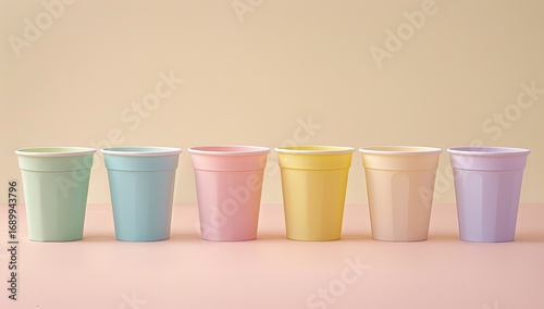 Row of pastel-colored plastic cups