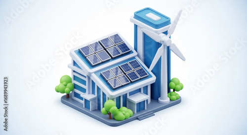Renewable energy house with solar panels and wind turbine for sustainable living and eco friendly lifestyle