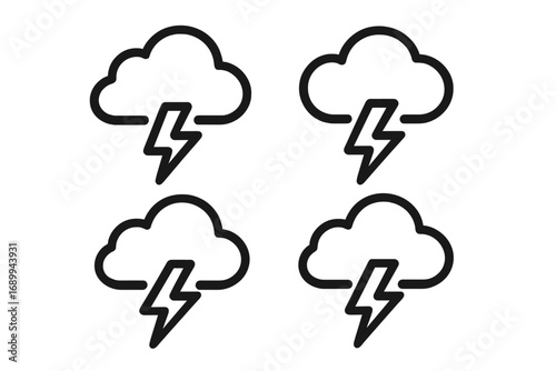 Thunderstorm icon set. Cloud with lightning bolt symbol. Minimalistic outline vector for web, graphic design. Weather forecast, storm, electricity, danger concept illustration.