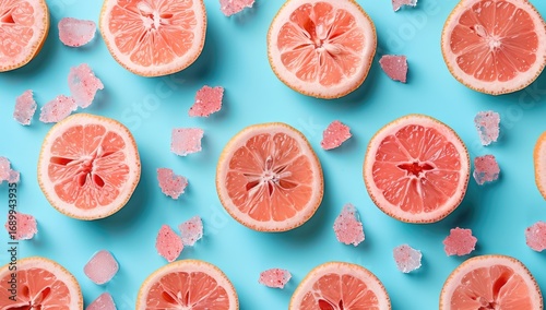 Grapefruit slices and candy on a light blue background