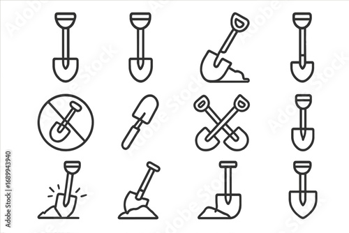 Shovel icons set. Linear outline shovels, spades, crossed tools, digging, prohibition, gardening, construction, web and app signs. Vector collection for graphic design, cards, adverts