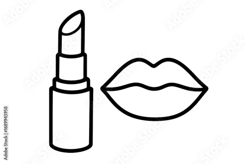 Lipstick and lips outline vector. Simple line art icon for beauty, makeup, cosmetics, fashion. Symbol of glamour, sensuality, kiss, mouth. Graphic for beauty salon, web design, apps.