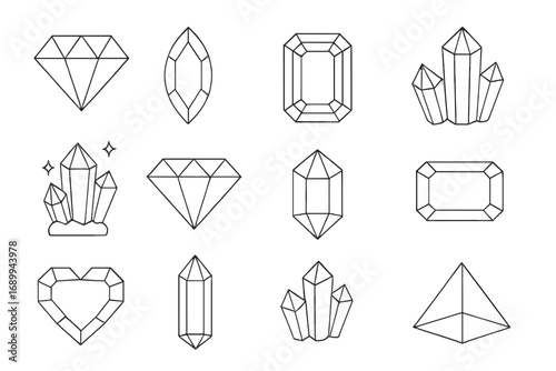 Sparkling Diamond and Gemstone Vector Icon Set. Thin Line Crystal Outlines, Geometric Precious Stone Shapes, Quartz Cluster, Brilliant Cut, Heart, Marquise, Emerald. Clean Minimal Design Elements