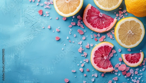 Fresh citrus slices and pink candies on a teal surface