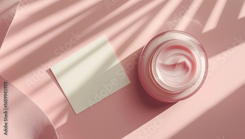Pastel pink skincare product with shadow.  Empty notecard and jar of cream on a pink surface, with tropical leaf shadows