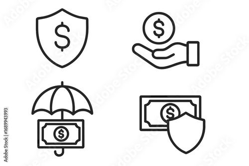 Money and Insurance Modern Outline Style Icons for Finance Design, Cards, Apps, Social Networks, Vector Cartoon Illustration, Transparent Background, Financial Protection Symbols