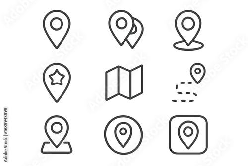 Map Pin Location Marker Icons Set. Outline Vector Symbols for GPS, Navigation Apps, Maps, Routes, Geotag, Travel, Web Design, Card Graphics, Mobile Banner. Modern Geolocation Cartoon Illustration.