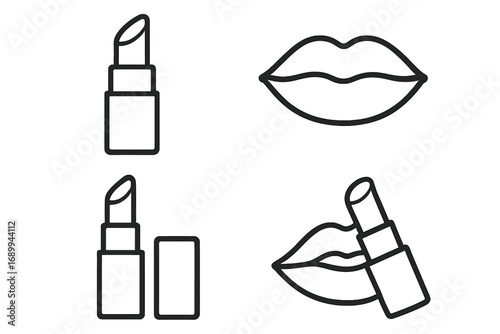 Lipstick lips icon set. Line art cosmetic. Beauty product symbol. Makeup application. Vector illustration for web, graphic design, glamour, cosmetology, advert, card.