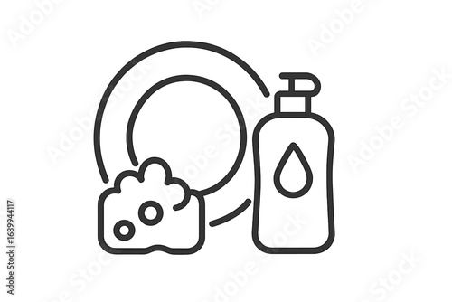 Dish washing line icon. Vector illustration of a plate, sponge, and soap bottle. Concept for cleaning, kitchen chores, hygiene, and household duties. Minimalistic design for app.