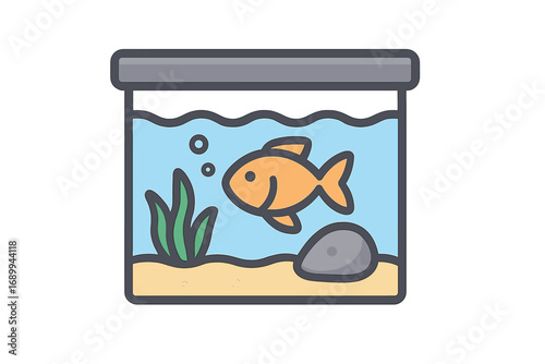 Aquarium vector icon concept. Cartoon goldfish in a fish tank illustration. Pet fish, aquatic life, home hobby. Minimalistic flat design for apps or logo design concept.