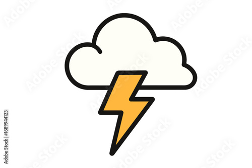 Lightning bolt under cloud outline symbol. Vector cartoon illustration of a thunderstorm. Weather forecast icon. Concept for electricity, power, energy, storm. Flat design element.