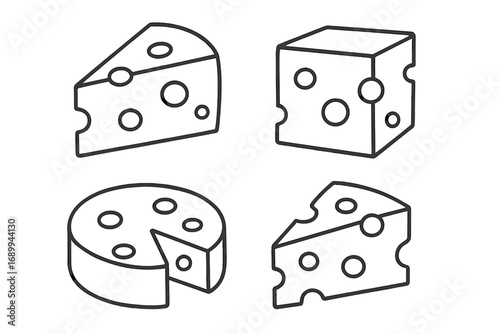 Cheese outline icon set. Vector linear illustration of cheese slice, block, wedge and wheel with holes. Swiss food concept. Graphic element for logo, menu, web design, app.