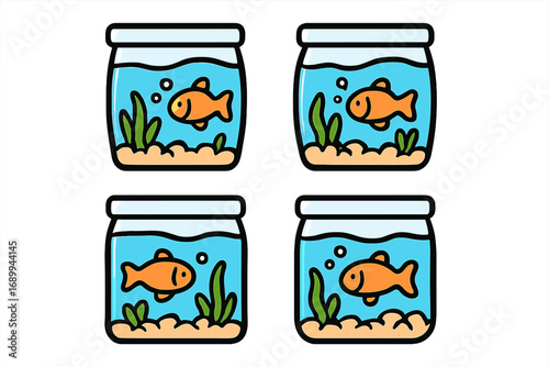Collection of cute aquarium icons. Cartoon goldfish swimming in a glass fishbowl. Simple vector graphic set for pet, water, and aquatic life concepts. Flat design style.
