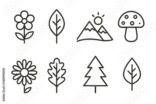Nature and Parks Icon Bundle with Flower, Leaf, Mountain, and Mushroom Vector Icons for Graphic Design, Apps, Concepts, Cartoon Illustration, Transparent Background