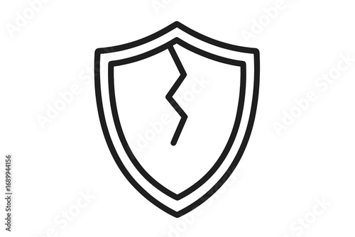 Cracked shield icon. Broken security symbol. Concept of vulnerability, risk, and failure. Unsafe, unprotected, weak defense. Data breach, cyber attack. Simple line art vector.