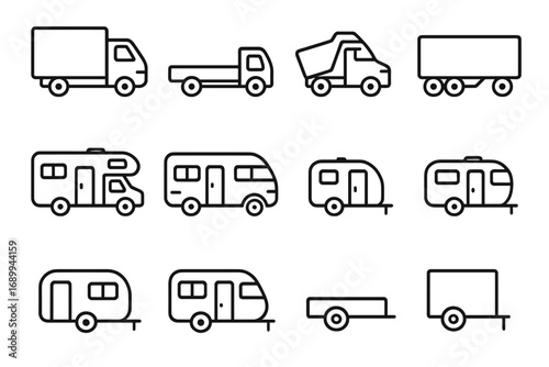 Truck, Trailer and Motorhome Vector Line Icons Set. Outline Transport, RV, Camper, Caravan, Mobile Home, Cargo Vehicle, Delivery Truck Signs for Graphic Design, Web, Apps, Advertising, Cards