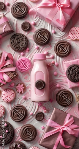 Pink and brown sweets, cookies, and gifts
