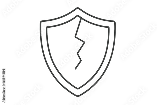 Cracked shield icon vector. Thin line art. Concept for broken security, vulnerability, risk, failed protection, data breach, danger, weak defense, system error symbol.
