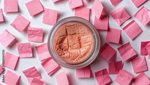 Pink powder in a glass jar, surrounded by small pink squares