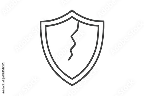 Cracked shield line icon. Concept of vulnerability, risk, and danger. Security system breach. Metaphor for data leak, weak defense, or failed protection. Vector illustration.