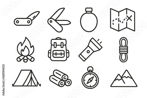 Camping line icon collection. Outdoor adventure, hiking equipment symbols. Graphic set with tent, campfire, backpack, compass, map, knife. Vector outline signs for travel.