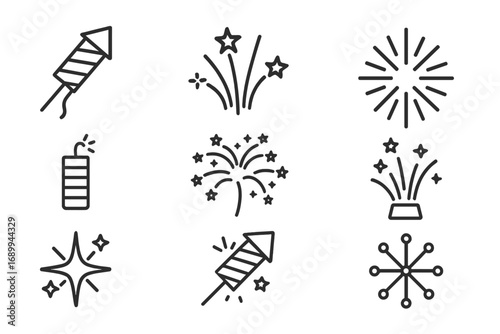 Firework icons set, editable stroke. Linear vector fireworks, rockets, sparklers, pyrotechnic bursts, outlines for web, app, celebration, holiday decoration. Modern thin line festive bundle.