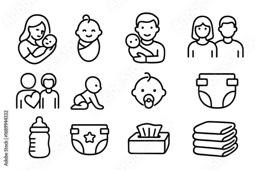 Family and Baby Care Line Icon Set, Parenting and Motherhood Symbols, Diapers, Baby Bottle, Pacifier, Newborn Essentials, Family Relationship, Outline Vector for Web, App, Advert, Card Design