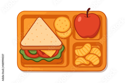 School lunch tray with sandwich, apple, and snacks. Vector cartoon illustration of a healthy meal for kids. Cafeteria food for back to school concept. Nutrition and diet food.