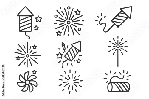 Firework line icons set for celebration and holiday design. Editable stroke vector symbols of fireworks, rockets, sparklers, pyrotechnics for web, app interface, cards, posters, New Year events