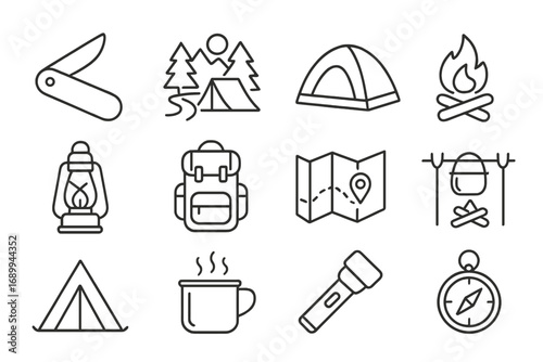 Camping line icon set. Outdoor adventure and hiking equipment symbols. Vector collection of tent, campfire, backpack, map, compass, knife. Travel and survival gear pictograms.