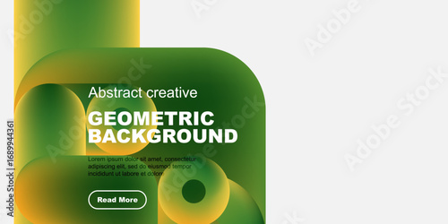 Abstract geometric background features vibrant green, yellow hues. Text details present, button visible. Modern design elements dominate composition.