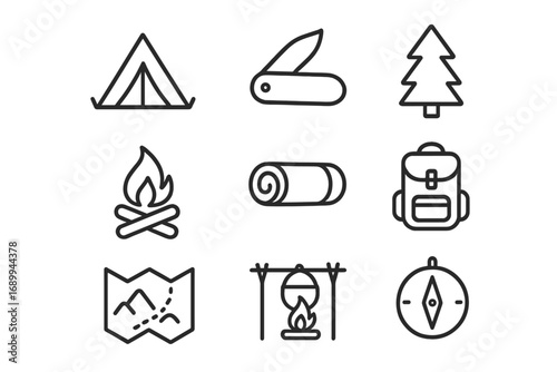 Camping and hiking line icon set. Outdoor adventure and survival equipment symbols. Vector collection for web and graphic design. Tent, backpack, compass, map and campfire.