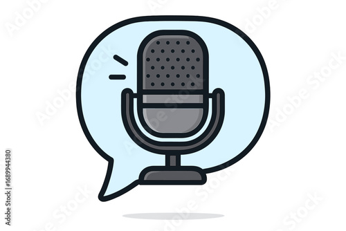 Podcast microphone in speech bubble vector icon. Voice recording, broadcasting, and interview concept. Communication symbol for web, app, or audio message. Public speaking.