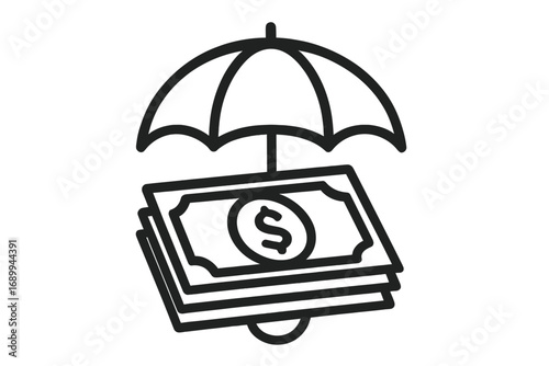 Money under umbrella line icon. Financial protection, investment security, and wealth safety concept. Metaphor for insurance, savings, retirement fund, and income guarantee.