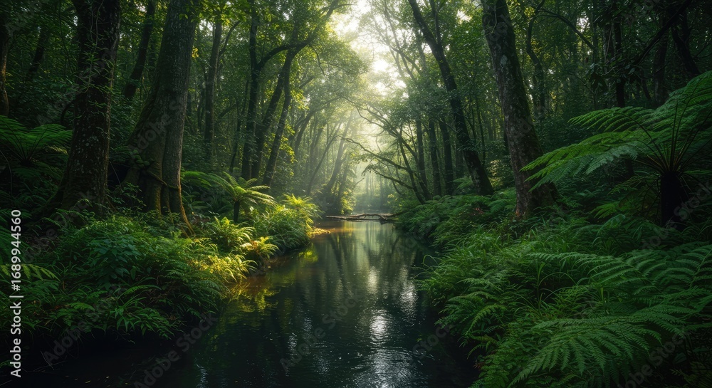 Obraz premium Serene Forest Stream Bathed in Golden Sunlight