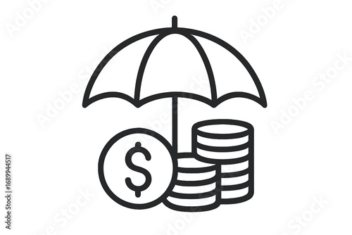 Money protection concept. Financial security and insurance. Investment safety. Wealth management icon. Umbrella covering dollar coins. Savings protection. Asset management symbol.