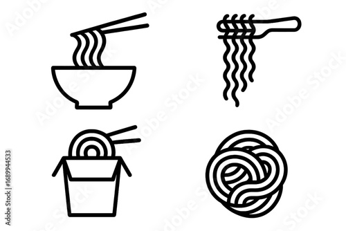 Noodle and ramen line icon set. Asian food vector illustration. Bowl, takeout box, chopsticks and pasta simple outline pictogram for menu, web design, apps or logo concept.