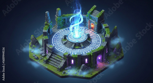 Isometric fantasy portal ruins scene vector illustration for game design and magical artwork concept