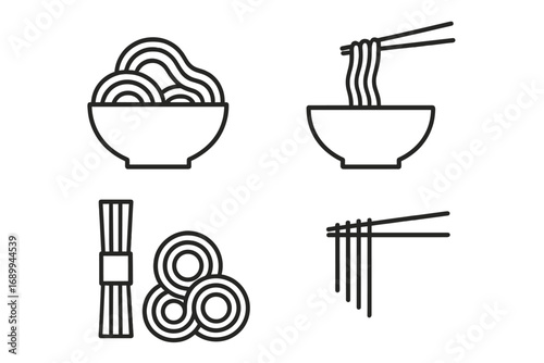 Noodle line icon set. Ramen soup bowl with chopsticks. Asian food symbol for restaurant menu. Chinese, Japanese cuisine. Pasta linear pictogram. Vector graphic element.