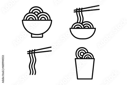 Noodle and ramen line icon set. Vector illustration for Asian food concepts. Includes bowl, chopsticks, and take-out box. Simple outline for restaurant menu, web, and apps.