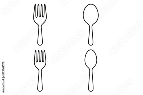 Fork and Spoon Thin Line Vector Icon Set, Editable Stroke, Minimalist Cutlery Illustrations for Websites, Books, Cards, Apps, Transparent Background, Kitchen Utensils Collection, Cartoon Style