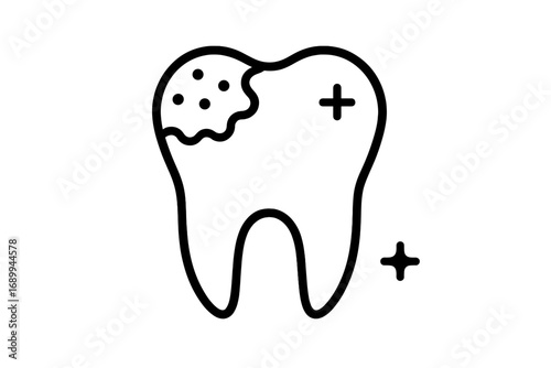 Caries tooth icon. Dental problem, tooth decay, cavity concept. Dentistry, stomatology symbol. Unhealthy tooth with caries. Oral hygiene and dental care vector line illustration.