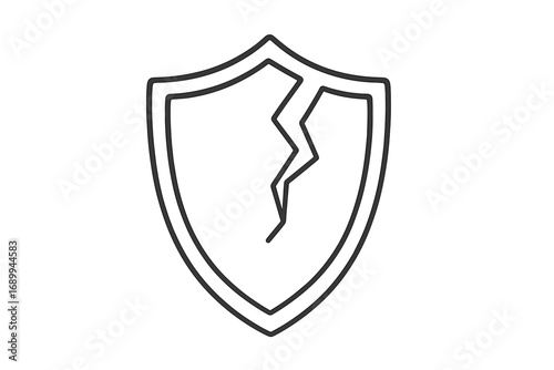 Broken shield icon. Metaphor for failed security, vulnerability, and risk. Cracked crest symbol of unprotected data, danger, and attack. Vector line art illustration concept.